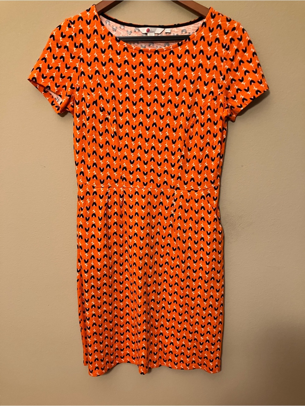 Orange Short Sleeve Printed Fit-and-Flare Dress with Pockets.
